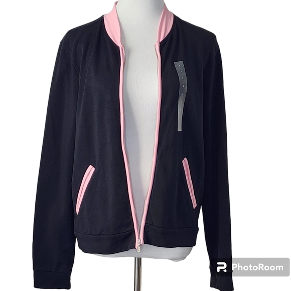 JACKET Sweat DKNY JEANS NWT Full Zip Front Side Pockets Black Pink Trim Sz Lrg - Picture 3 of 12